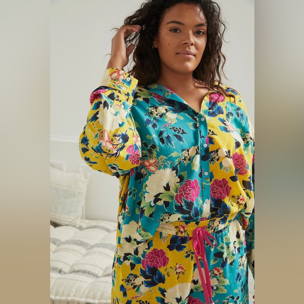 New🌟Anthropologie- Sweet Dreams Chartreuse Floral Lounge Set - Picture 4 of 8